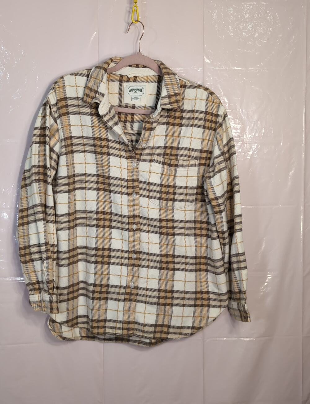 Grunge Flannel Plaid Shirt L Aero Postale brown and cream Casual Button Down